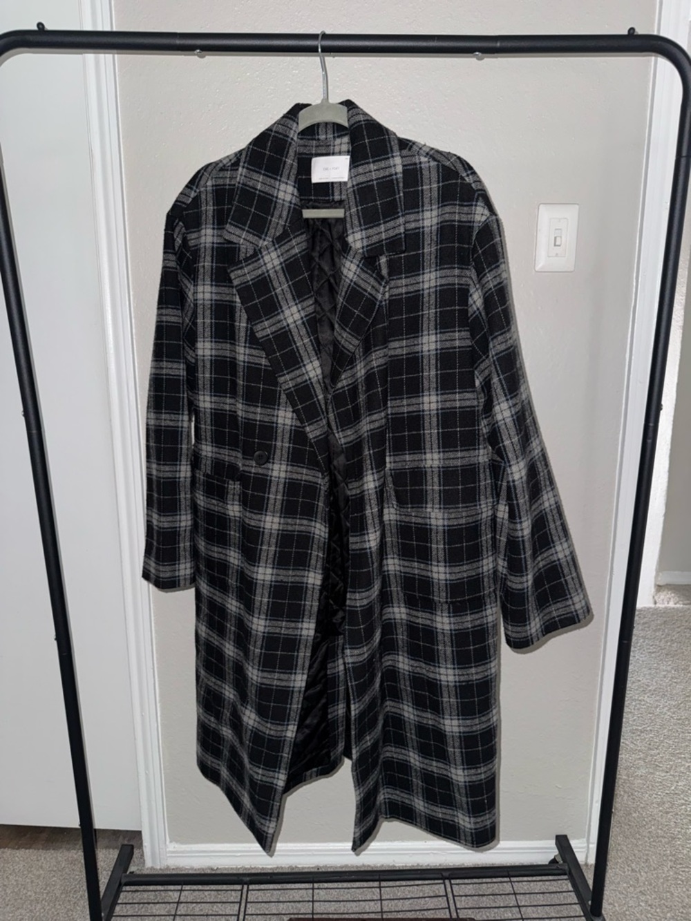 OAK + FORT Black, Gray and Blue Plaid Coat